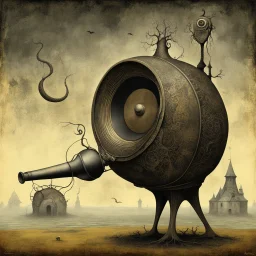 Surreal horror style by Gabriel Pacheco and Ladislav Sutnar and Zdzislaw Beksinski, surreal gramophone, cunning curious anachronisms and inconsistencies, neo-surrealism, creepy