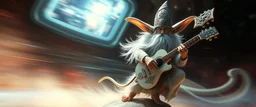 high speed blur, fluffy as hell illithid high priest gremlin guitar acoustic banger, instrumental, celtic, georgian, gypsy jazz, back on track portrait of space captain gnome lich, , priest psycho, in cockpit, celtic knot hollow tube transparent core ornate indented space ship, shiny bright mega ship flourescent white blue like bubble gum with a few big windows and decks, interdimensional twister, rock against colored spaced fog, space interior. split tail, winged serpent, glowing aura