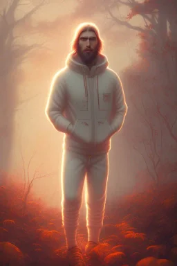 neanderthal portrait , white jogging suite, at dawn by atey ghailan, golden light , holding leaves and flowers , angels background, volumetric light, high detail, red leaf tree, mountains in background, perfect