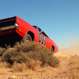 dramatic angle of dukes of hazard's general lee - 1969 red dodge charger with "01" on side jumping over a bush in a dusty field