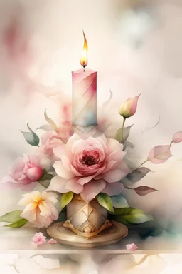 MAGIC A PYRAMID CANDLE IS BURNING AROUND WONDERFUL FLOWERS English watercolor, Smoky cream, pale gray, pale pink, pink background. bright light, a bouquet of roses on the table are pale pink, pale bordeaux, white, ochre. green stems, the light is translucent. Watercolor, fine ink drawing, peonies in an hourglass, elegant gold inlay, rich interior