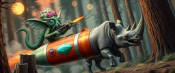 hairy macho gremlin octopus lizard alien couple living in a hi tech marvellous hot dog art graphics and gems on rocket with a mounted sling shot mega harpoon, heading for venus , background motion blur and smoke swirls, and cheeky goose rhino through giant forest with thick tree stumps and grainy textured trees