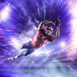 colourful rounded smooth infinity symbol ∞ on shirt, American football player diving with an American football in both hands to score touchdown, face obscured, striking, vibrant, chiaroscuro, dramatic, captivating, powerful, fantasy, beautiful, octane render, 16k post-production, artstation: award-winning: atmospheric: commanding: fantastical: clarity: ultra quality: striking: brilliance: stunning colors: amazing depth; lens: f/11, 35mm