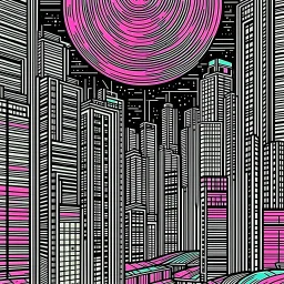 trompe l'oeil illusionistic detail, woodblock stamp print, twilight in the city, skyscrapers, neon lights, crescent moon, graffiti walls, poster art, cyberpunk, futuristic citypunk