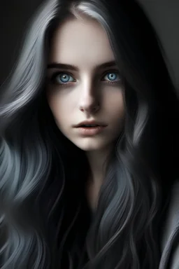 dark long hair gray eyes