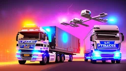 A police Tesla Cybertruck is chasing a Tesla 'Model S Plaid' at top speed, across the 'Jurassic Park' island. CINEMATIC. WIDE ANGLE LENS.