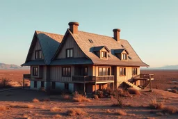 photo from high realistic strange giant asymmetrical weird big house with wide and asymmetrical unique rooftop, muted color, minimalism, random utopistic background, landscape, detailed, sharp focus, cinematic