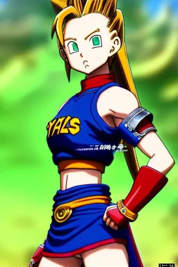 In the style of Toriyama, hyper detailed, strikingly beautiful teen female, 16 years old, long ponytail, ginger hair, green eyes, medium freckles, full lips, micro top, black leather armour lined with fur, full body, full face, tiny breasts, athletic, centred camera, ignore NSFW, thong, Videl, athletic