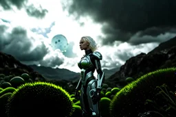 Wide angle photo of a sci-fi woman with blond hair, silver and black futuristic spacesuit looking android-like, standing on a derelict alien jungle planet with cloud trees in multiple green hues