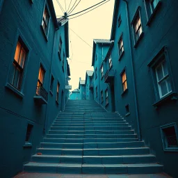 Fotografia di strada assurda e falsa orripilante blu weirdcore dai colori vivaci, liminalcore. Escher. Confusione geometrica. Scale che scendono. Yves Tanguy. Non luogo falso, inusuale. Le case sono false e dipinte di nero chiaro con cose stilizzate e dettagli. Ci sono finestrelle false quadrate, che danno un senso distopico e molto surreale, disposte in modo casuale. L'atmosfera generale sembra noiosa e onirica, con un contrasto tra elementi reali ed elementi dipinti falsi, René Magritte