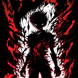 posterize, close up, anime, boy, demonic, rage, standing, phonk, cover art, burning, dark, dark fantasy, in shadows, only silhouette, illustration, vector look, high_res, highly detailed, dark colors, dirty texture, red, shining eyes, chaos, laughing, horror, splash art, dripping, white_teeth
