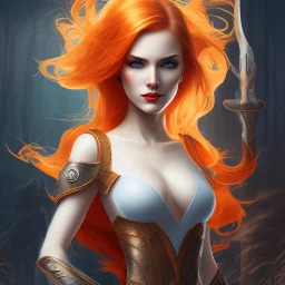 fantasy setting, woman, redhead, orange and white hair