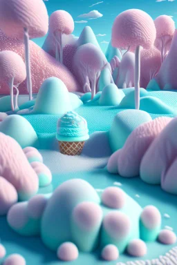 detailed peaceful landscape made of cake frosting, cotton candy, ice cream, strong texture, extreme detail, octane render