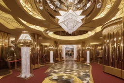 Inside an Art Deco Opera foyer, with mirrors and brass sconces, incandescent, gleaming, people in glittering extravagant costumes with feathers