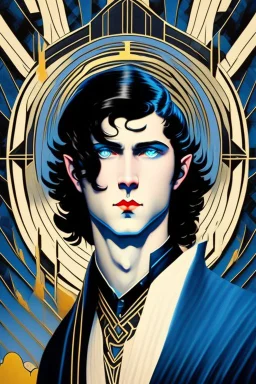 young black haired blue eyed wizard in the style of art deco