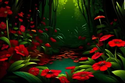 Generar una imagen de una selva densa con exòticas flores rojas, con arboles llenos de lianas y ranas de colores