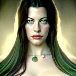 Epic Drawing of a Photorealistic dramatic hyperrealistic Liv Tyler,Crystal green eyes , elegant, with emerarld necklace, by WLOP, Artgerm ,Greg Rutkowski, Alphonse Mucha, Sandro Boticcelli, Gustav Klimt ,Beautiful ,busty, dynamic,shadows,Artstation,concept design art,Octane render,8K