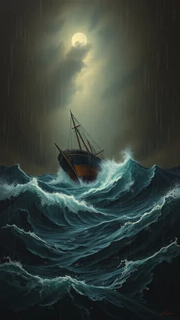 Rain and storm in an ocean with high waves , a big ship is sinking , Bosch painting style, nightmare , all In dark brown background
