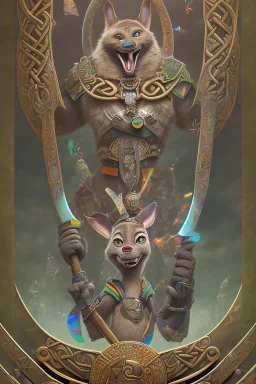  Photorealistic painting Portrait voluptuous female Celtic Chief iron maiden rainbow celtic tribal tattoos, bow with arrows, full detail, 8k Neko Erokawa, style of Zootopia