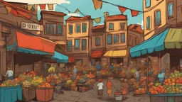 Big market, Digital Painting, Old City, Vector, Cartoon, Turkey's, Color
