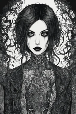 create a disturbing horror full body sketch of a dark haired, savage, gothpunk vampire girl with highly detailed , sharply defined hair and facial features, in a dark, otherworldly London in the style of Junji Ito, precisely drawn, inked, with dramatic edges,