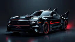 batmobile concept inspired from a 2025 ford mustang dark horse with a large elaborate spoiler and batman symbol style fins, batman symbol in grille, lower wind deflector. red stripes like 1960s adam west batmobile