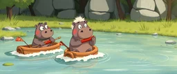 realistic ghibli crazy cute small fluffy hippo scientist with friends, eating hot dogs, while sailing down a stream on small boats