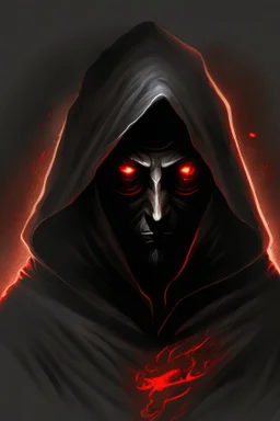 Dark sorcerer, black robe, not visible face, comic style, red eyes