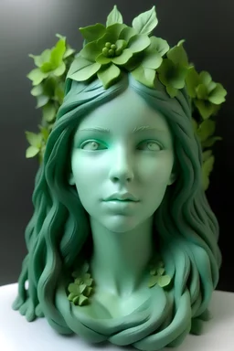 Full rubber female face with rubber effect in all face with pastel green long hair sponge rubber effect with dark green leaves on the hair