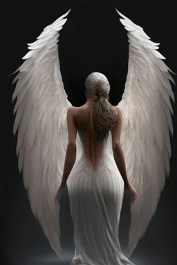 full body woman angel from back, angel wings tear her skin away and coming through from her neck, bun haired angel wearing long tunic ultra realistic design