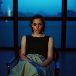 Actress Mia Goth in a chair,, blue hour