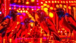 Capture an engaging image featuring a family of five crows, each adorned with rapper-style golden necklaces, amidst the vibrant glow of red and yellow Christmas lights. Embrace a photography style that seamlessly merges punk aesthetics with a festive ambiance. Ensure the composition reflects the unique blend of edginess and holiday spirit, creating a visually captivating scene that highlights the crows' individuality against the backdrop of vivid Christmas lights.