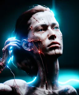 Ultra realistic photographic night portrait, cinematic, naked, long hair <sexy woman> <hanging wires> many wires coming out of the head <perfect pupil> <cyborg> <garage> <wide angle Shot> <sci-fi futuristic> <thriller>, fog, soft color, highly detailed, unreal engine 5, ray tracing, RTX, lumen lighting, ultra detail, volumetric lighting, high definition.