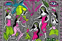 A pink jungle with tribal fairies designed in Mehndi design painted by Roy Lichtenstein