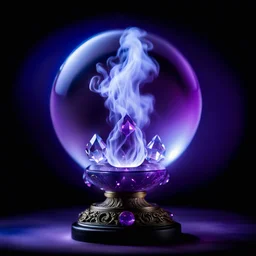 crystal ball with fancy base, purple lighting, black background, smoke in the background