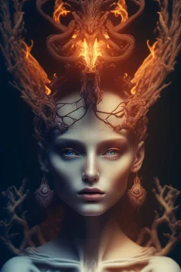 portrait photography of an ethereal beautiful animal goddess, Fire theme art, Dark moody night atmosphere, Portrait of a woman by Michelangelo, 8K, close-up face, anatomically perfect face, oak tree roots, ignore NSFW