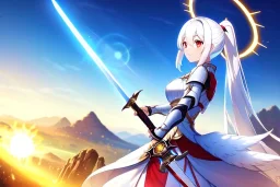 girl, masterpiece, best quality, volumetric lighting, detailed outfit, perfect eyes, long hair, white hair, red eyes, ponytail, armored dress, dynamic pose, halo, white wings, holding sword, landscape, fisheye, sun, lens flare abuse,