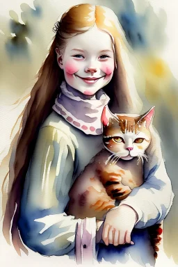 A cute smiling scandinavian girl is holding a cat. Watercolour