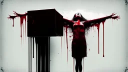 a faceless woman covered in blood holding up a black rectangular box