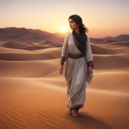 Hyper realistic Pashto girl walking alone in a desert at sunset.