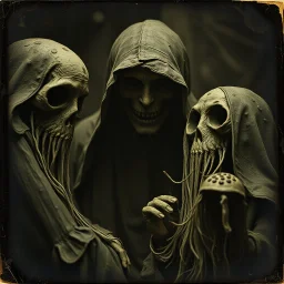 Daguerrotype close up of some mysterious figures, odd background, cinematic, Hieronymus Bosch, Max Ernst vegetal life, rotten, ambient light, ghost, cry