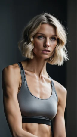 photography of a beautiful anorexic woman, grey satin sports bra, sports illustrated, blond short wavy bob haircut, pronounced sternum, grey running leggins