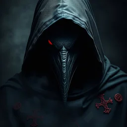 Dark, ominous figure in hooded cloak, bird-like mask with single red eye, grim visage. Detailed, textured mask and cloak, deep blacks and dark grays. Red symbols and markings, suggesting occult/religious symbolism, are visible on the clothing. Close-up, dramatic lighting accentuates the mask's detailed texture, illuminating the single crimson eye. Heavy, almost tangible shadows and dramatic lighting create a strong sense of mystery and dread. Dark, smoky background adds to the omin