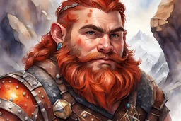 Create a watercolor fantasy portrait of a young dwarf prospector with a broad build, muscular frame. Fiery red braided beard adorned with small trinkets and gems. He wears practical leather armor, reinforced with metal plates, and carries a warhammer slung over his shoulder. Kind eyes and a slight smile. Background: rocky canyon.