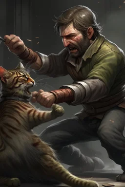 Realistic Arthur Morgan fighting a cat.