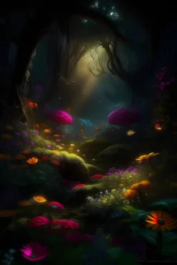 bosque oscuro y mágico, flores luminosas,
