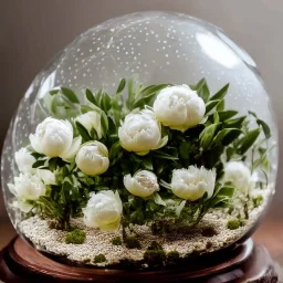 Cinematic shot of peonies inside a crystal lattice globe, glass, crystal, linen, dewdrops, warm lighting, luxurious, terrarium