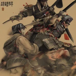 A battle seen that all soldier are dead except a samurai that loses on of his hand , high details high quality