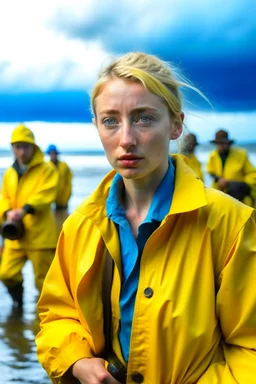 A 23-year-old woman with blond/ brown hair and bright blue eyes stands in the sea, se has a messy bun. dressed in a yellow fisherman's jacket ag. She holds an umbrella, but it offers no protection from the pouring rain. Around her, heavy horses are moving. The rain is pouring heavily. She is standing in the middle of the sea. You can see here completely. Horses only the girl and horses, i wanna see the horses dancing around her.. NOT SEXY!! middle of the sea, green pants, bolder, green