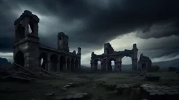 A dark, gothic landscape with towering ruins and crumbling stone structures silhouetted against a stormy sky. The scene has an ominous, foreboding atmosphere with a sense of decay and abandonment